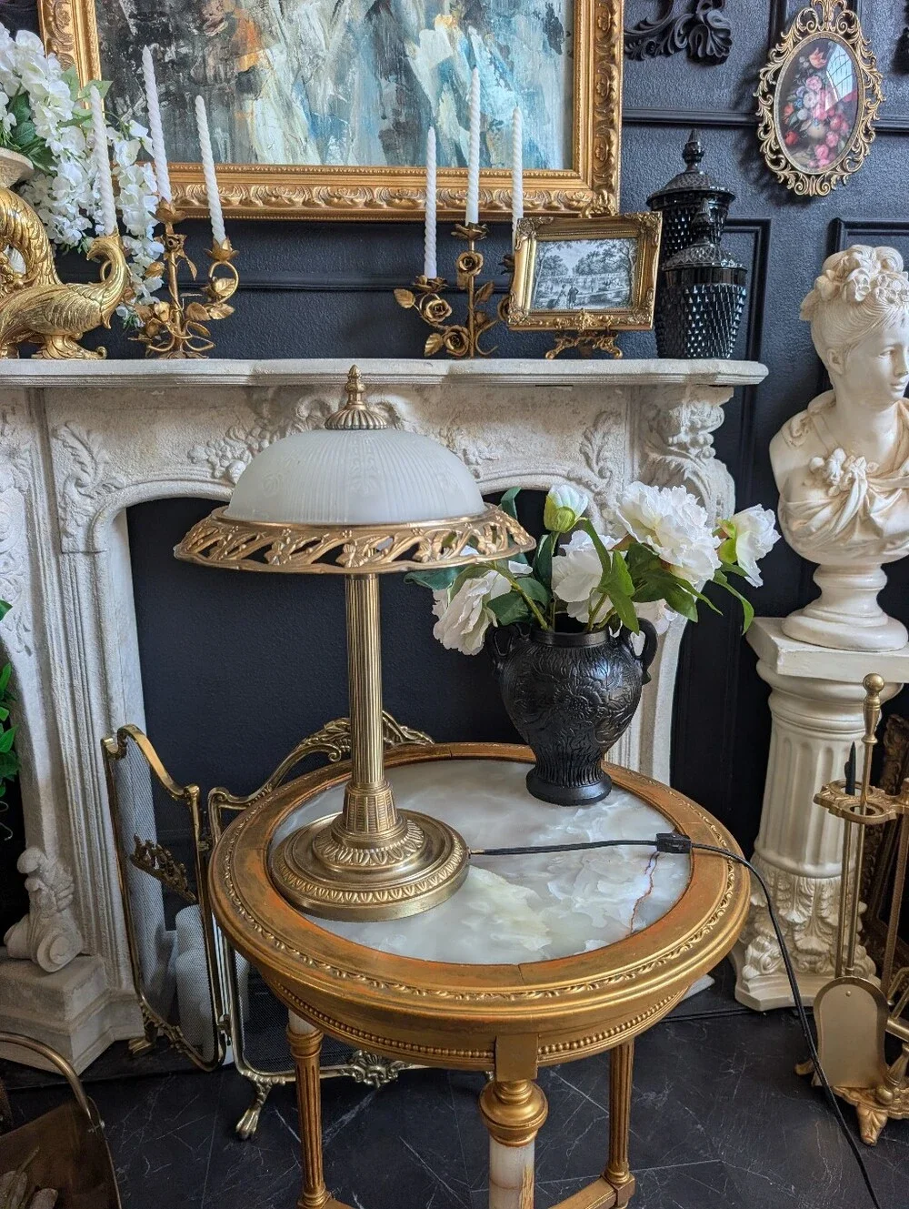 Vintage MCM/Art Deco Gold Floral Frosted Glass 2 Lights Metal Table Accent Lamp